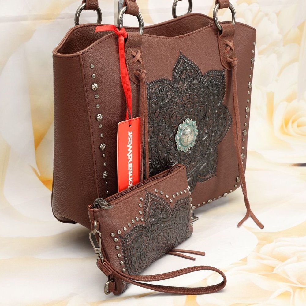 Montana West Womens Shoulder Tote Handbag Purse Med-Large Brown Leather W/Wallet